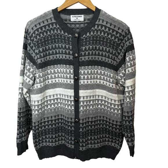 Vintage Alfred‎ Dunner Cardigan Sweater Women's Medium Gray White Made in USA - Picture 1 of 7